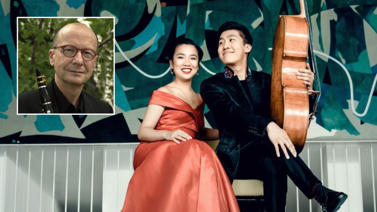 Pianist Silvie Cheng and cellist Bryan Cheng seated before a teal mural, with an inset portrait of clarinetist James Campbell